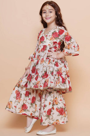 Girl's White Floral Printed Silk Kurta Set