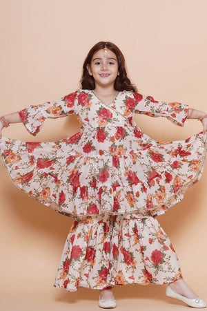 Girl's White Floral Printed Silk Kurta Set