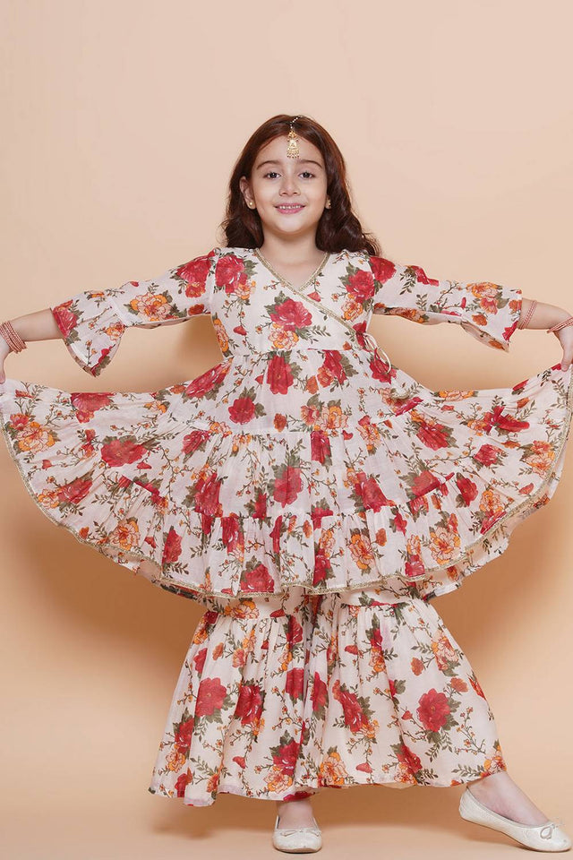 Girl's White Floral Printed Silk Kurta Set