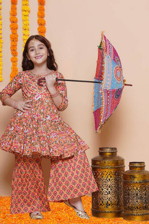 Girl's Peach Floral Printed Cotton Kurta Set