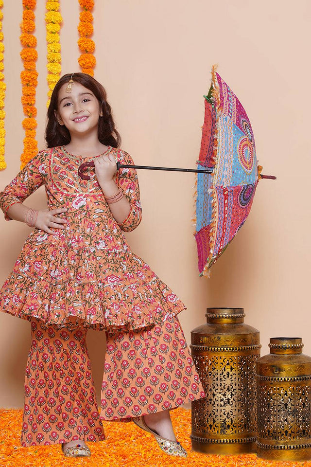 Girl's Peach Floral Printed Cotton Kurta Set