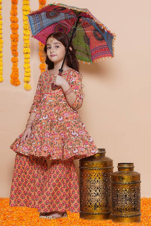 Girl's Peach Floral Printed Cotton Kurta Set