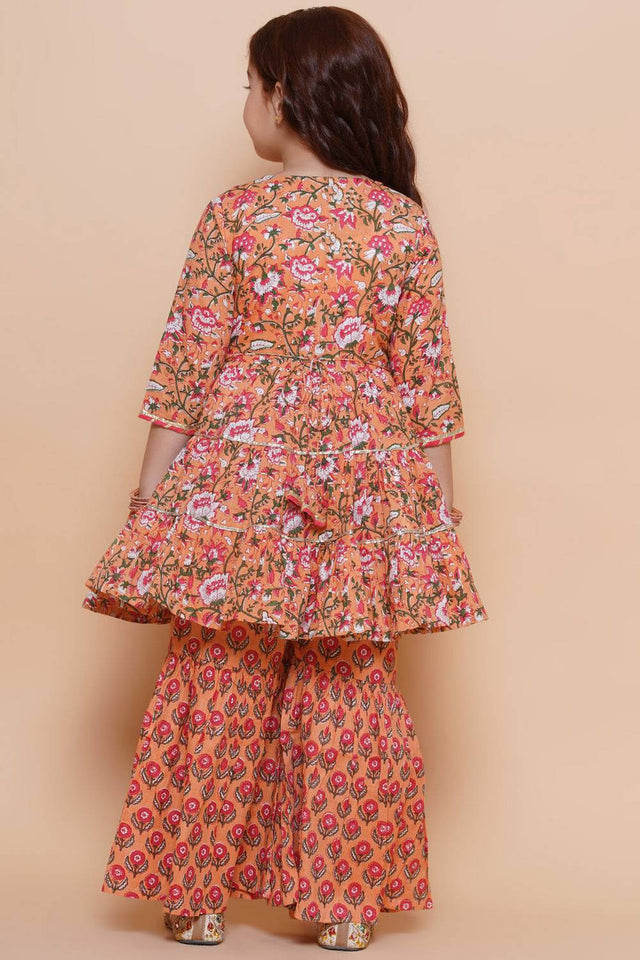 Girl's Peach Floral Printed Cotton Kurta Set