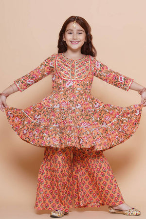 Girl's Peach Floral Printed Cotton Kurta Set
