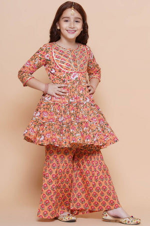Girl's Peach Floral Printed Cotton Kurta Set