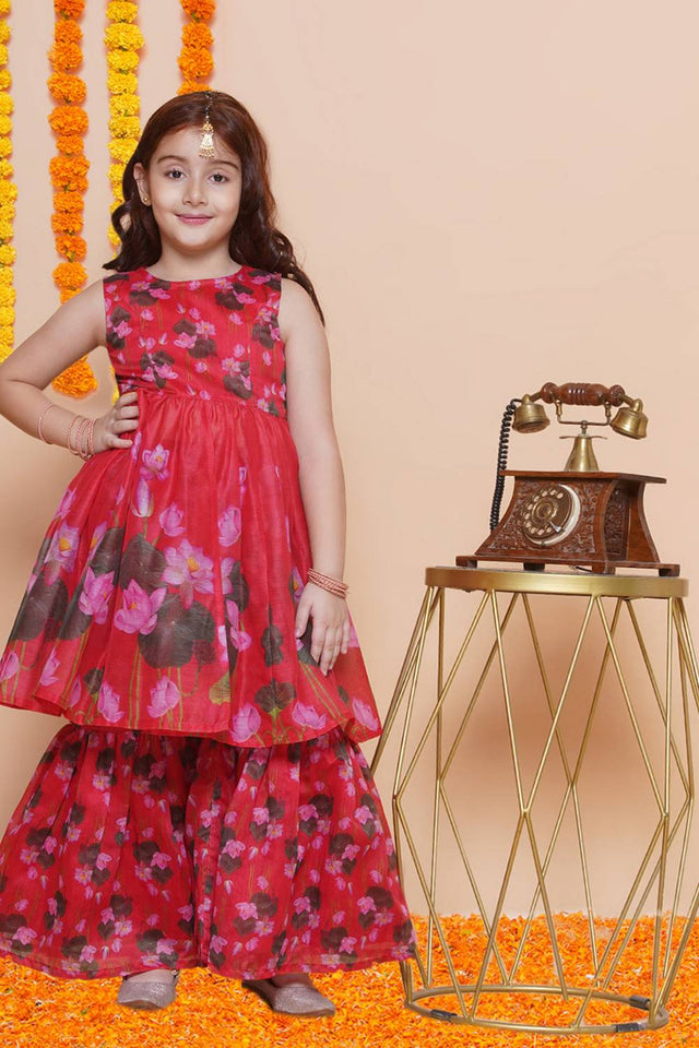 Girl's Red Floral Printed Silk Kurta Set