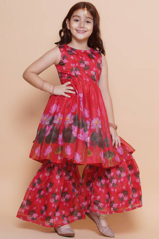 Girl's Red Floral Printed Silk Kurta Set