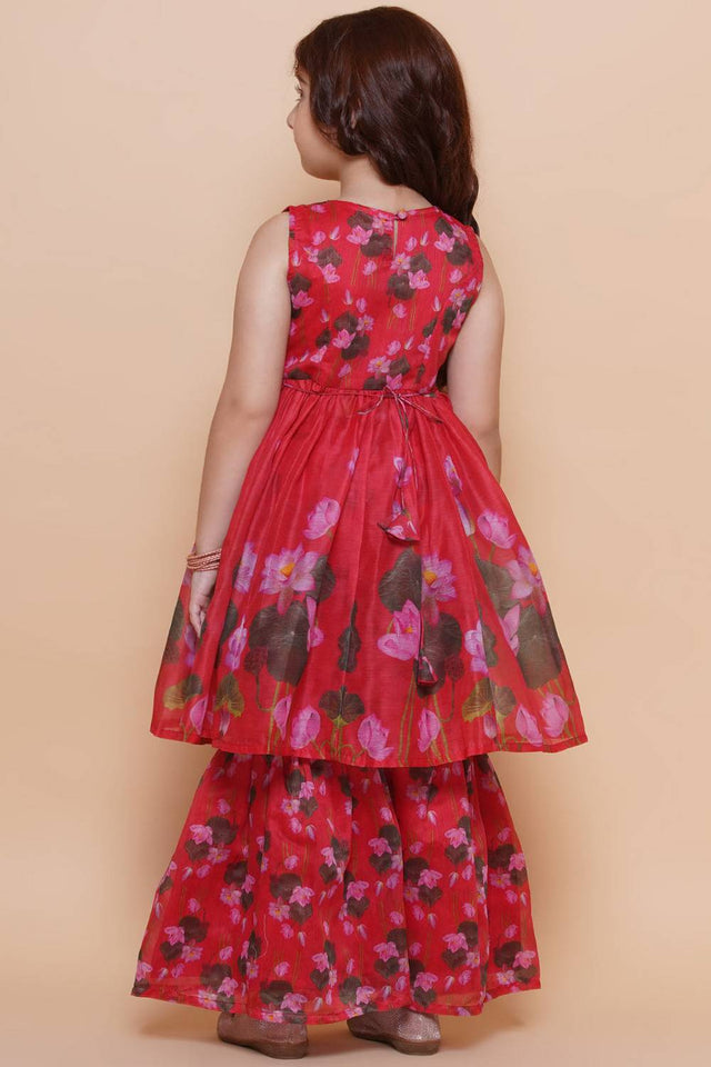 Girl's Red Floral Printed Silk Kurta Set