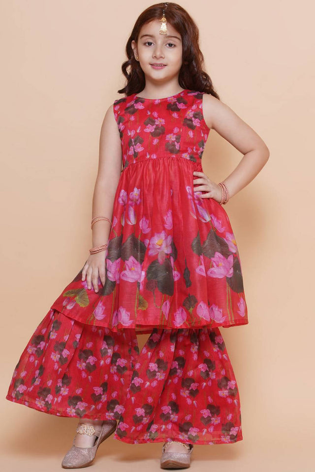 Girl's Red Floral Printed Silk Kurta Set