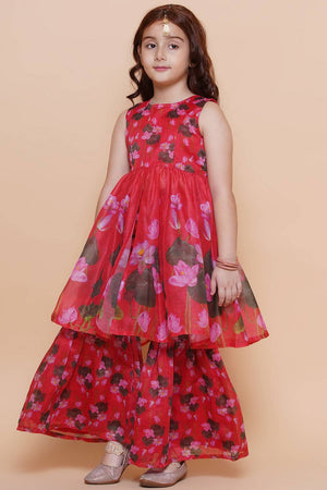Girl's Red Floral Printed Silk Kurta Set