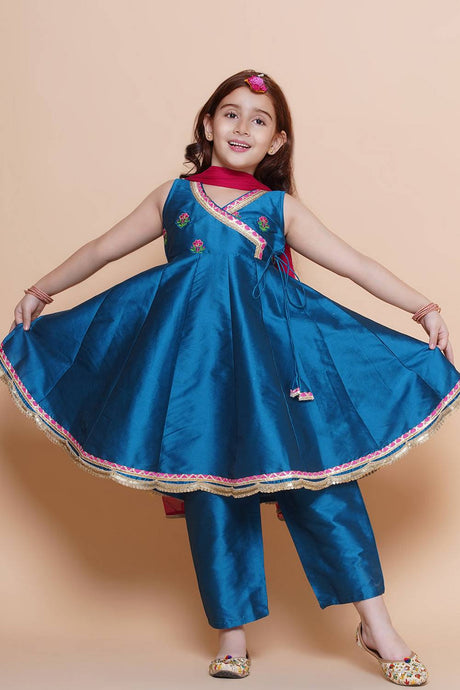 Girl's Blue Solid Silk Kurta Set