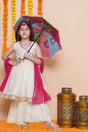 Girl's White Woven Silk Kurta Set