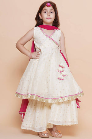 Girl's White Woven Silk Kurta Set