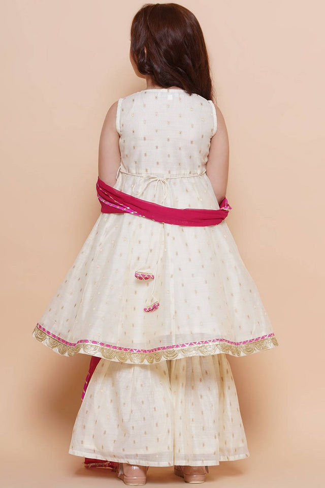 Girl's White Woven Silk Kurta Set