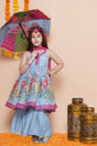 Girl's Blue Floral Printed Silk Kurta Set