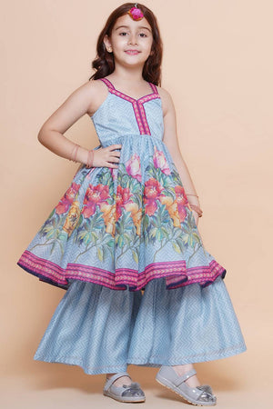 Girl's Blue Floral Printed Silk Kurta Set