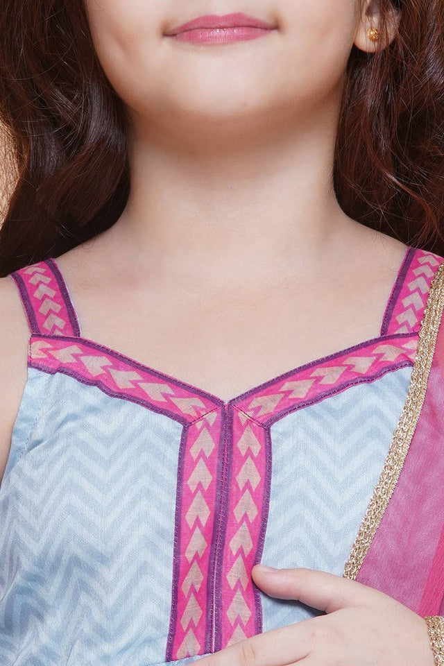 Girl's Blue Floral Printed Silk Kurta Set