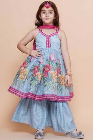 Girl's Blue Floral Printed Silk Kurta Set