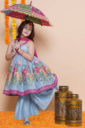 Girl's Blue Floral Printed Silk Kurta Set