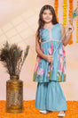 Girl's Turquoise Floral Printed Cotton Kurta Set