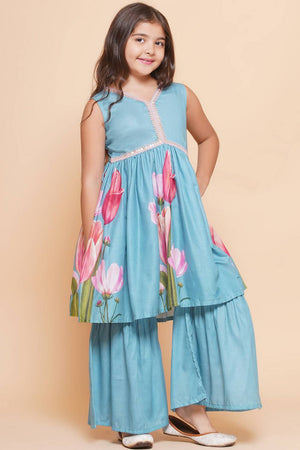 Girl's Turquoise Floral Printed Cotton Kurta Set