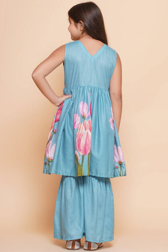 Girl's Turquoise Floral Printed Cotton Kurta Set
