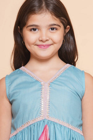 Girl's Turquoise Floral Printed Cotton Kurta Set