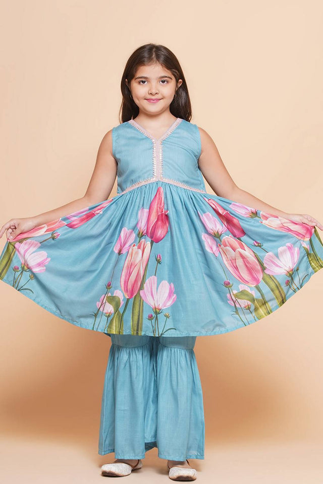 Girl's Turquoise Floral Printed Cotton Kurta Set