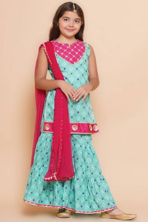Girl's Sea Green Bandhani Printed Cotton Kurta Set