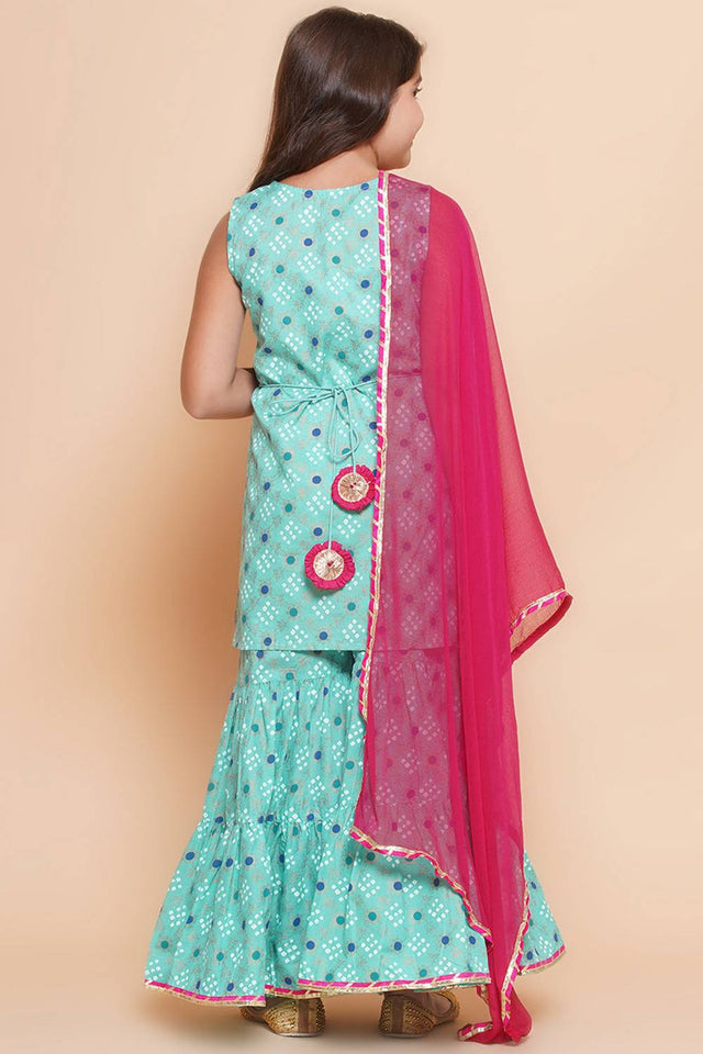 Girl's Sea Green Bandhani Printed Cotton Kurta Set