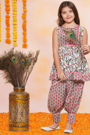 Girl's White Floral Printed Cotton Kurta Set