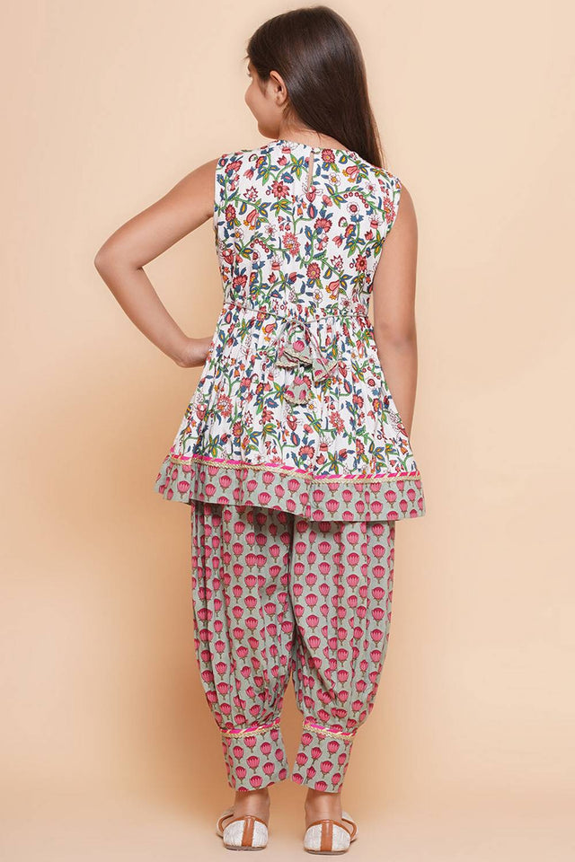 Girl's White Floral Printed Cotton Kurta Set