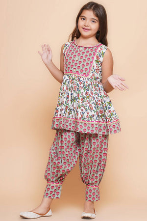 Girl's White Floral Printed Cotton Kurta Set