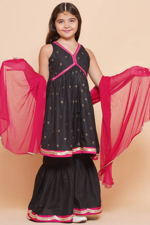 Girl's Black Ethnic Motifs Printed Cotton Kurta Set