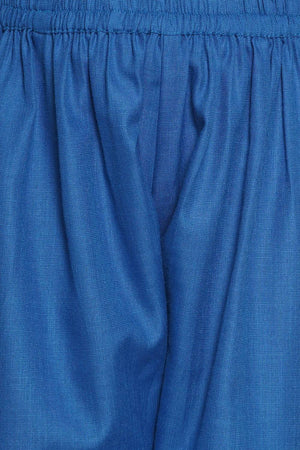 Girl's Blue Solid Cotton Kurta Set