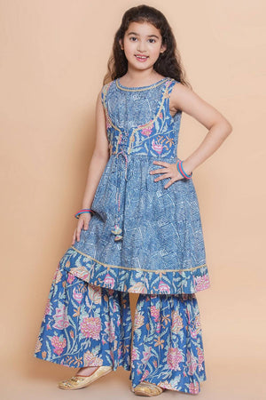 Girl's Blue Foil Printed Cotton Kurta Set