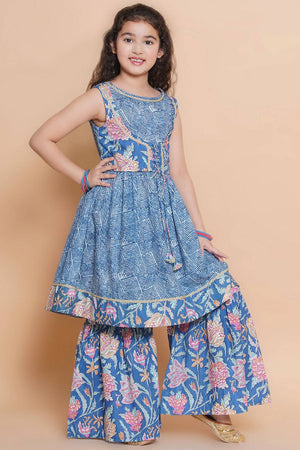 Girl's Blue Foil Printed Cotton Kurta Set