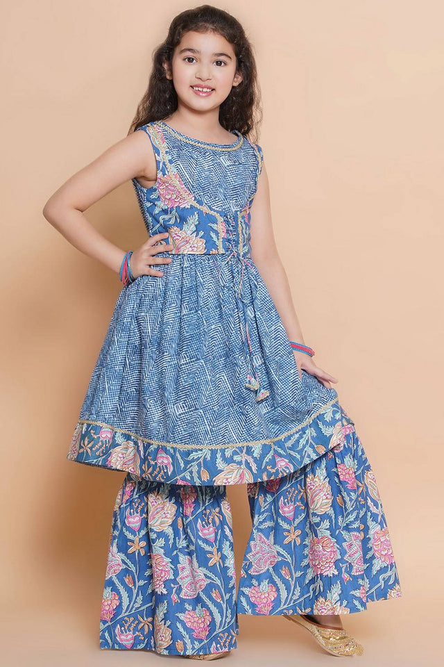 Girl's Blue Foil Printed Cotton Kurta Set