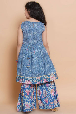 Girl's Blue Foil Printed Cotton Kurta Set