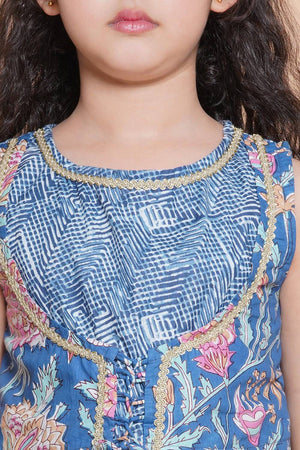 Girl's Blue Foil Printed Cotton Kurta Set