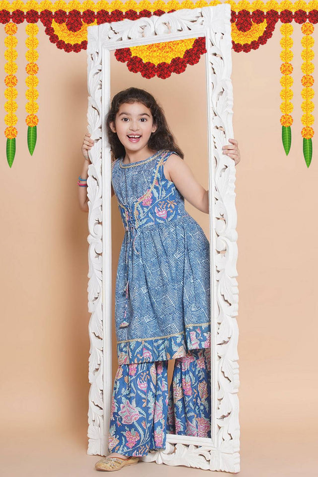Girl's Blue Foil Printed Cotton Kurta Set