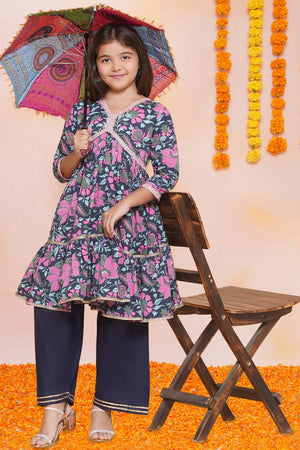 Girl's Navy Blue Floral Printed Cotton Kurta Set