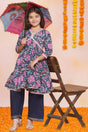 Girl's Navy Blue Floral Printed Cotton Kurta Set