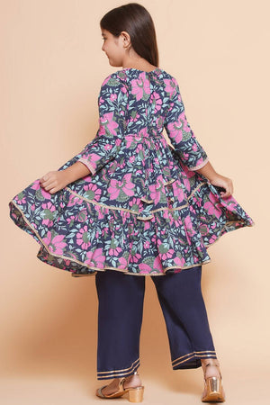 Girl's Navy Blue Floral Printed Cotton Kurta Set