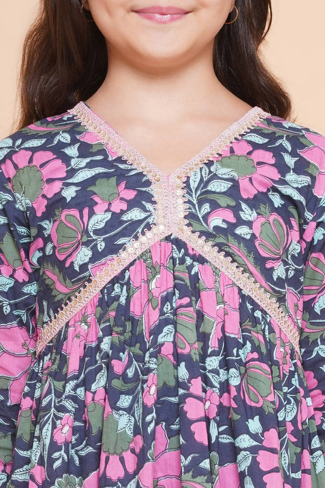 Girl's Navy Blue Floral Printed Cotton Kurta Set
