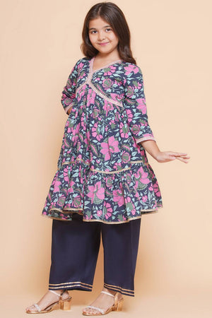 Girl's Navy Blue Floral Printed Cotton Kurta Set