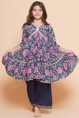 Girl's Navy Blue Floral Printed Cotton Kurta Set