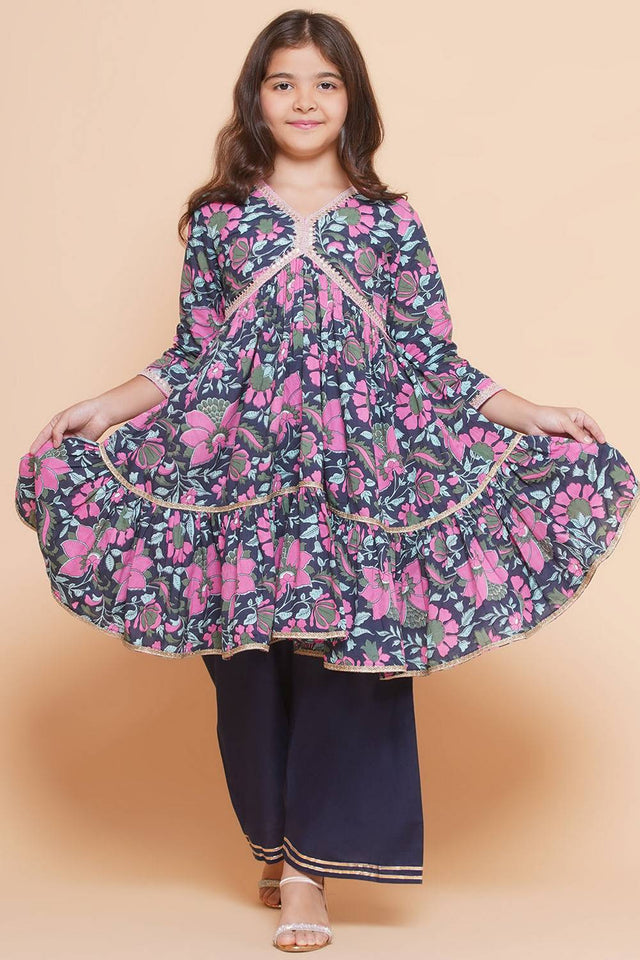 Girl's Navy Blue Floral Printed Cotton Kurta Set