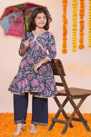 Girl's Navy Blue Floral Printed Cotton Kurta Set