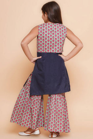 Girl's Navy Blue Embroidered Cotton Kurta Set